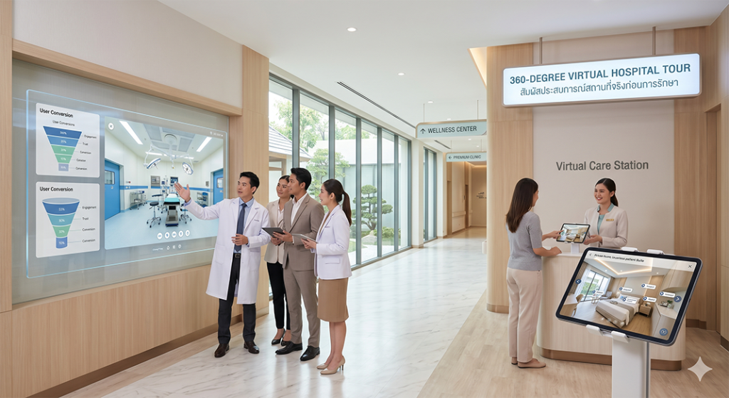 "ตัวอย่างการใช้งาน Virtual Tour 360 องศาในโรงพยาบาลและ Wellness Center โดยแสดงภาพทีมการตลาดและแพทย์กำลังวิเคราะห์ข้อมูล Conversion ผ่านหน้าจอ Interactive เพื่อสร้างความเชื่อมั่นให้กับผู้ป่วยและลูกค้านานาชาติ (Medical Tourism) ผ่าน teedd360.co.th"