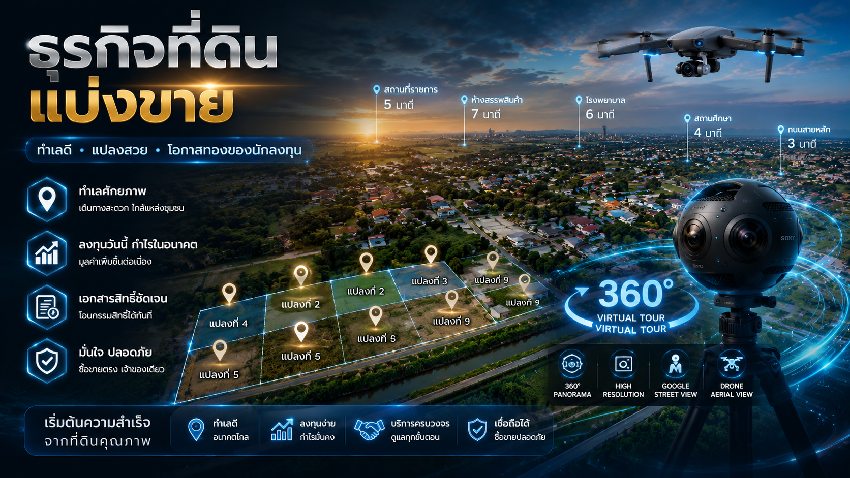 Virtual Tour ที่ดินแบ่งขาย ภาพมุมสูง 360 องศา แสดงผังแปลง จุดข้อมูลรายแปลง และสถานที่สำคัญใกล้เคียง โดย TEEDD360