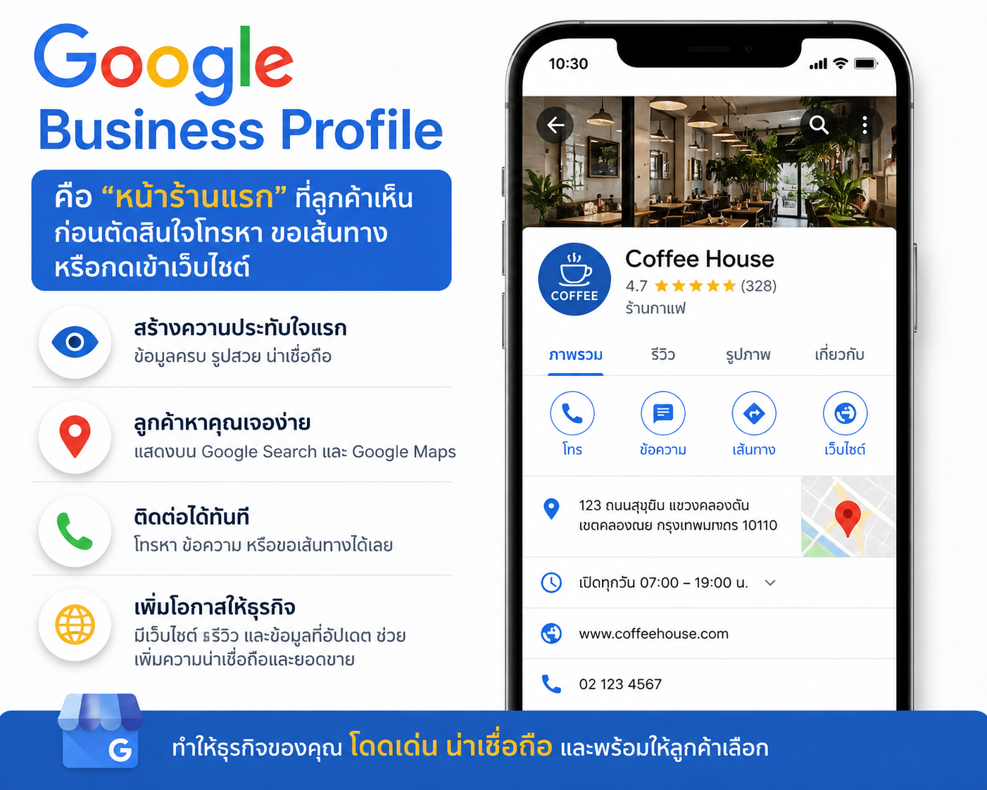 ตัวอย่างโปรไฟล์ธุรกิจบน Google Business Profile ที่ข้อมูลครบถ้วน แสดงบน Google Search และ Google Maps
