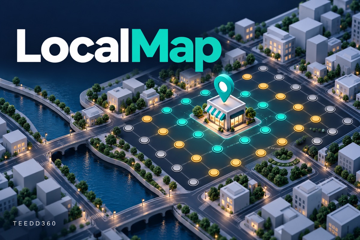 ภาพแนวคิด LocalMap แสดงจุดตรวจอันดับบนแผนที่รอบธุรกิจ